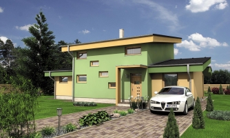 Moderný dom s garážou a pultovými strechami.